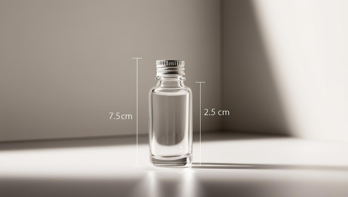 Transparent 7.5 cm tall glass bottle with a silver cap on a sunlit surface.