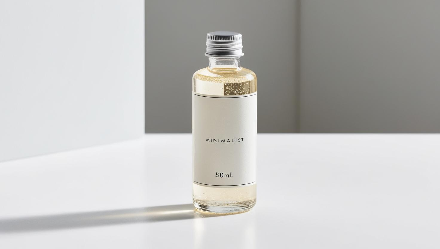 50ml transparent bottle with a silver cap and minimalist white label design.