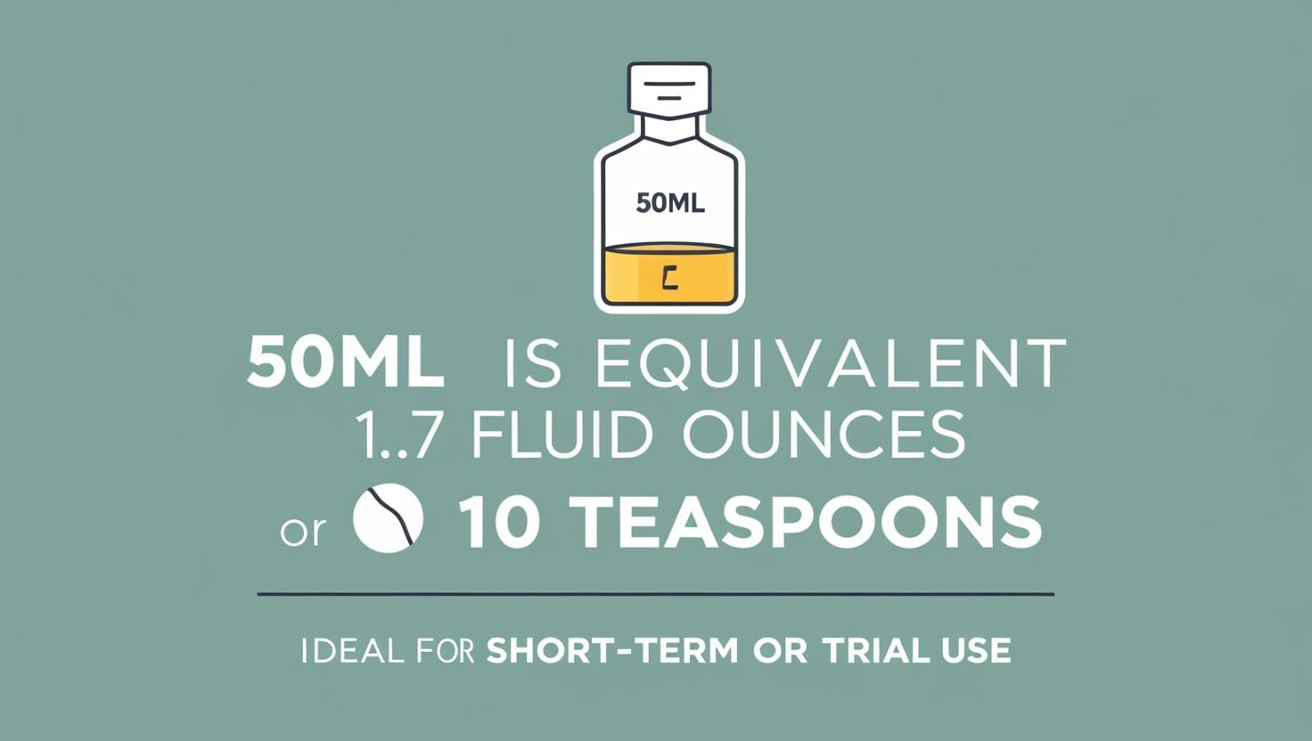 Illustration showing 50ml equals 1.7 fluid ounces or 10 teaspoons, ideal for trial use.