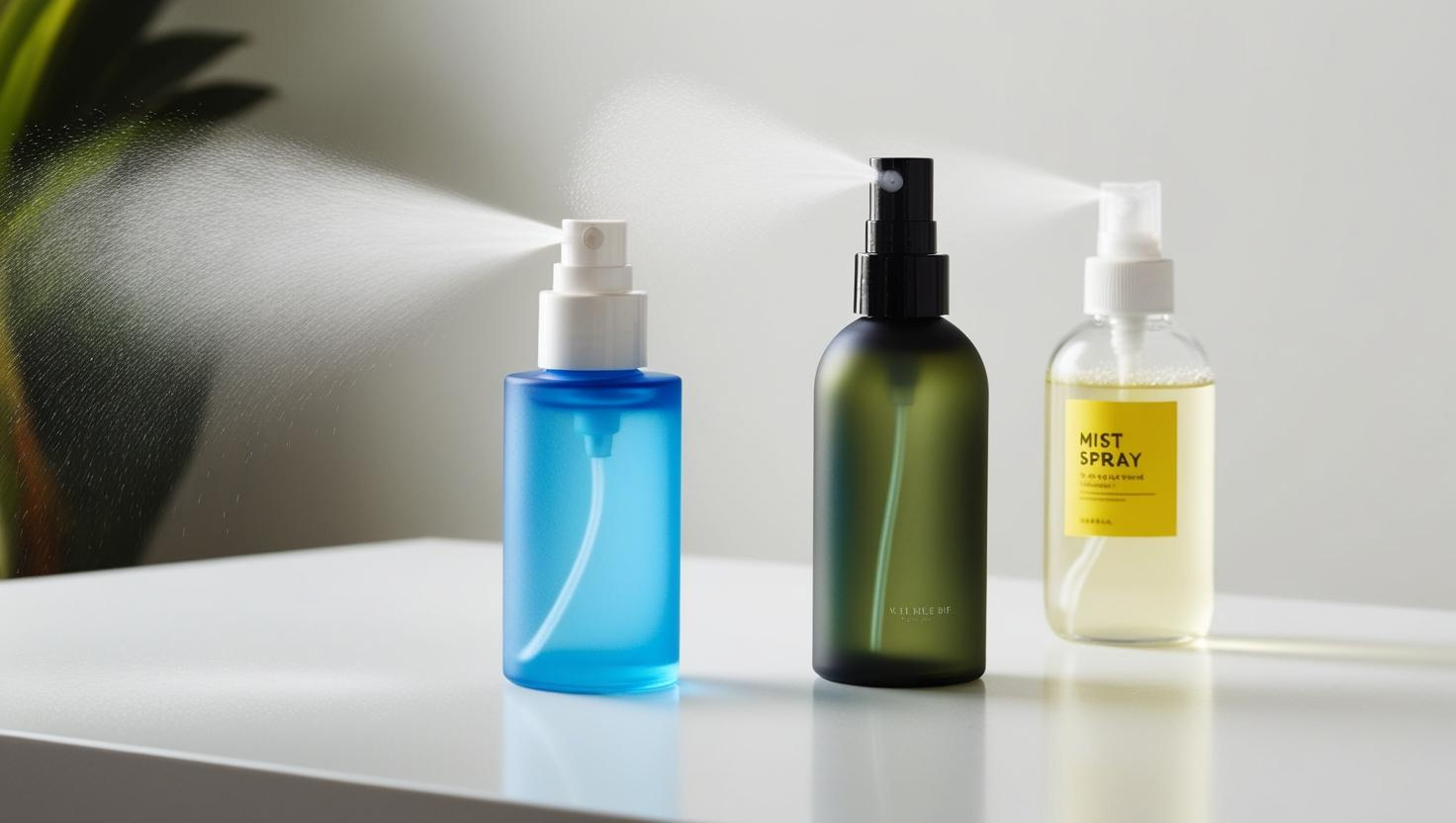 Three mist spray bottles—blue, green, and yellow—spraying fine mist on a white surface with a plant in the background.