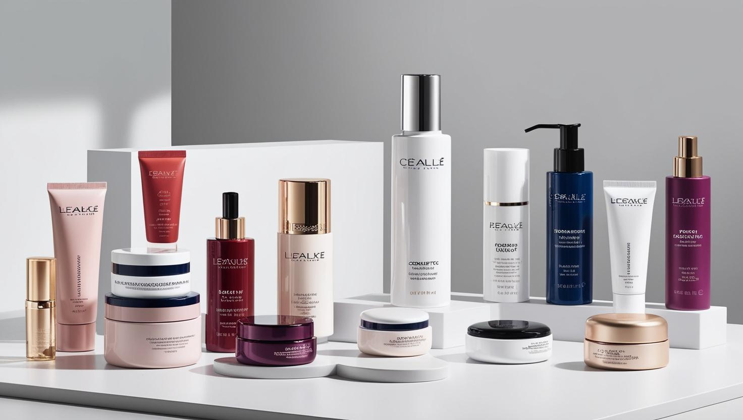 A collection of luxury skincare products arranged on white platforms in a minimalist setting.