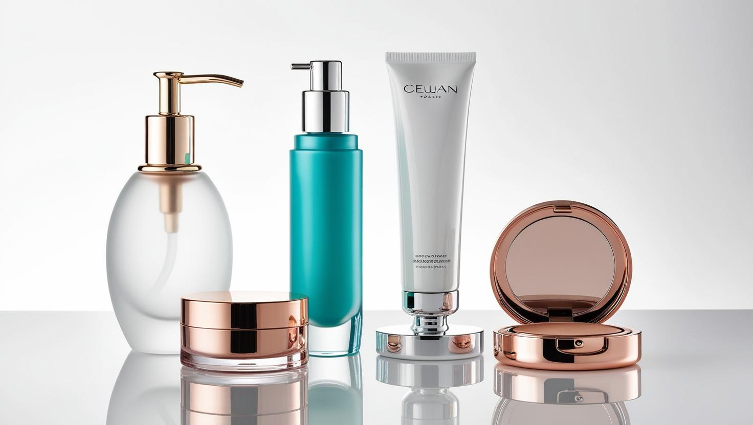 A sleek arrangement of skincare and makeup products with metallic accents on a reflective surface.