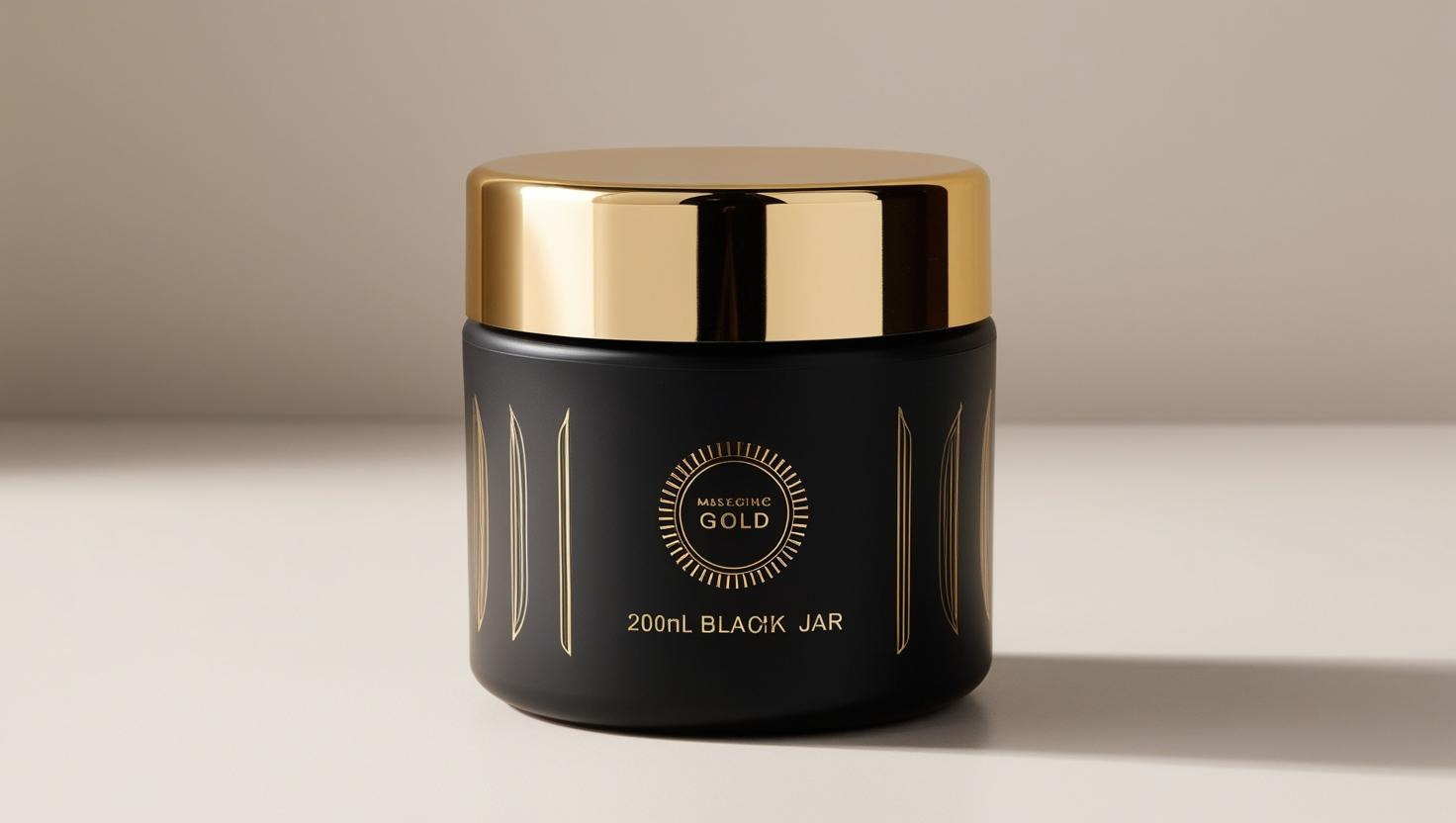 Elegant 200ml black jar with gold accents and a metallic lid, perfect for premium products.