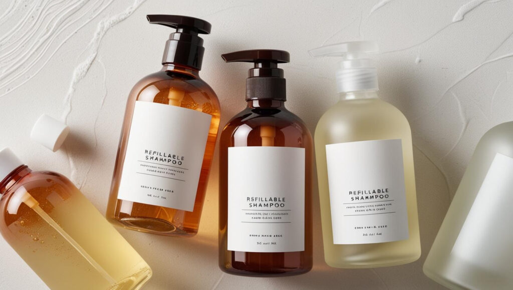 Elegant refillable shampoo bottles with pumps, displayed on a textured white background.