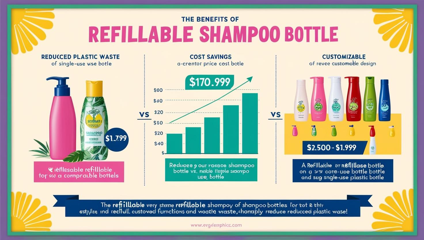 Infographic comparing refillable shampoo bottles with single-use options, highlighting cost savings and reduced waste.