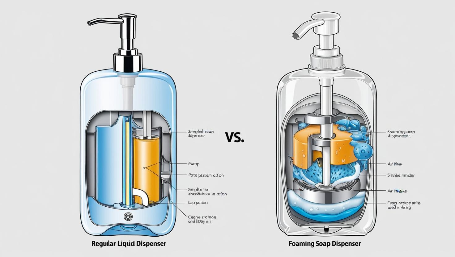 Diagram comparing regular liquid dispenser and foaming soap dispenser, showing internal mechanisms.