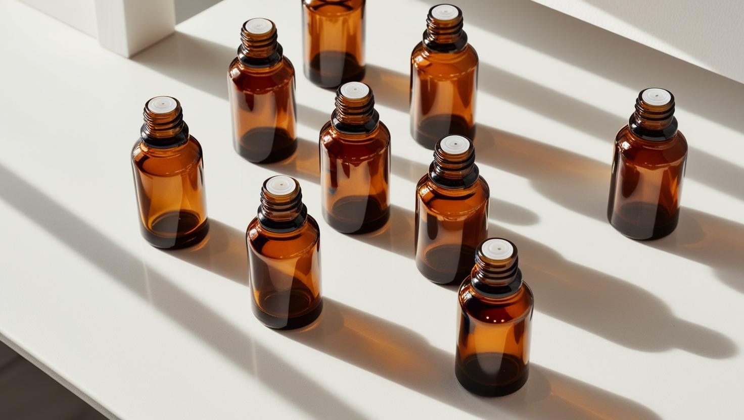 Multiple amber glass bottles with white caps casting shadows on a white surface.