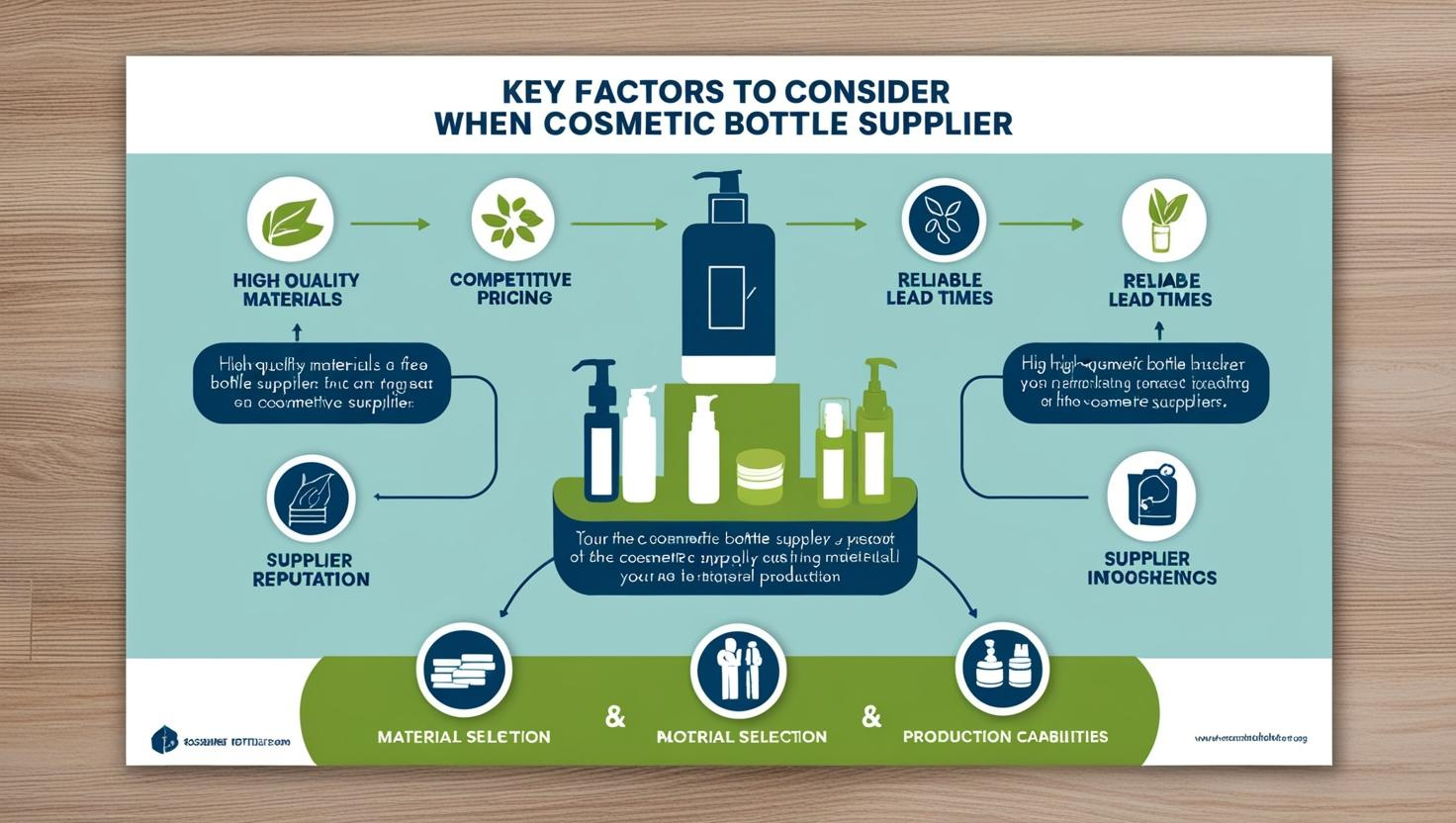 Infographic outlining key factors in choosing a cosmetic bottle supplier, including quality, pricing, and reputation.