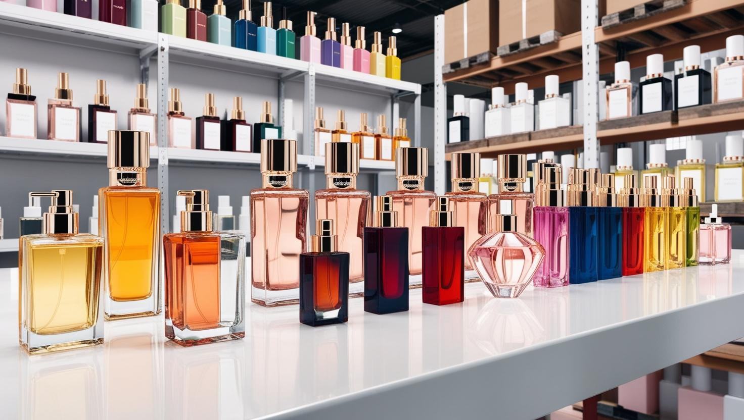 A variety of colorful perfume bottles displayed on a table with shelves in the background.