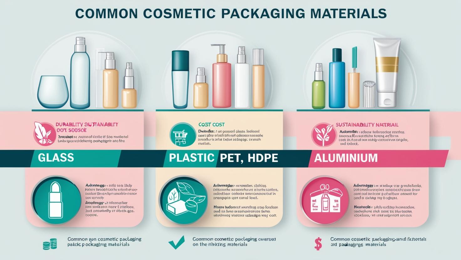 Infographic comparing glass, plastic, and aluminum for cosmetic packaging, highlighting durability, cost, and sustainability.