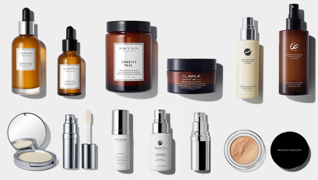 Assorted skincare and beauty products in sleek, modern packaging.