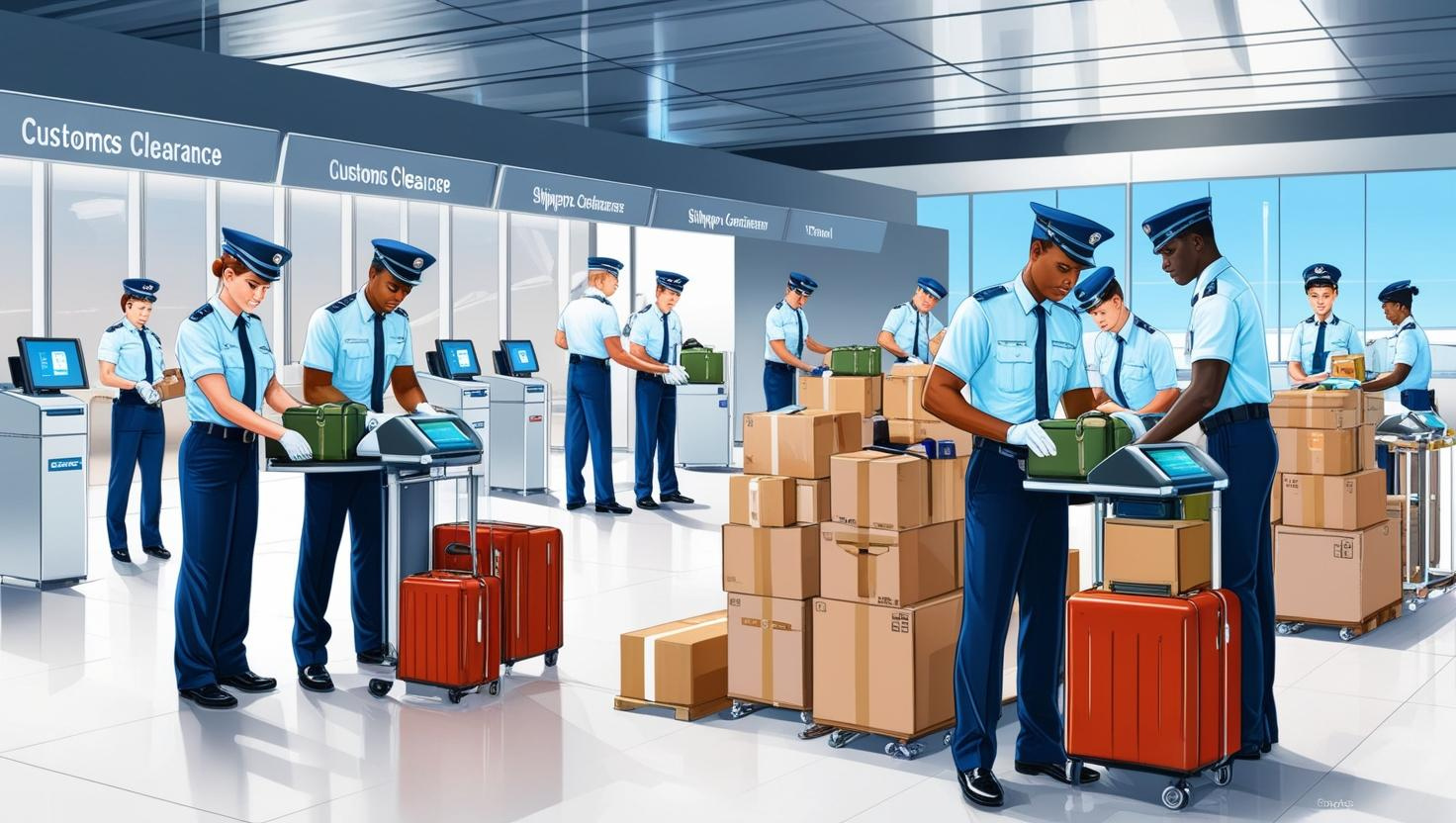 Customs officers inspecting luggage and packages at international clearance checkpoint.