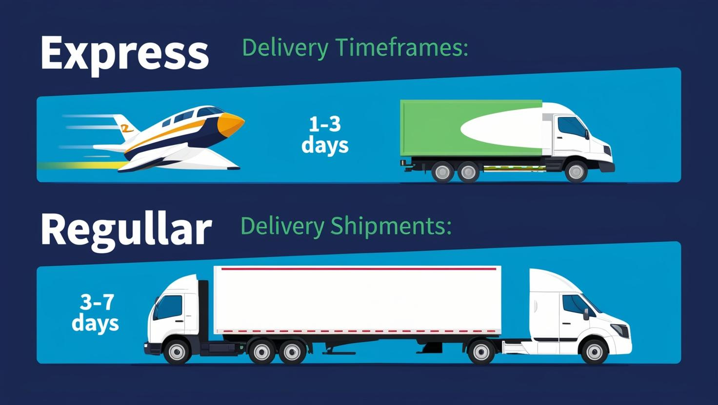 Comparison of express (1–3 days) and regular (3–7 days) delivery shipment methods.