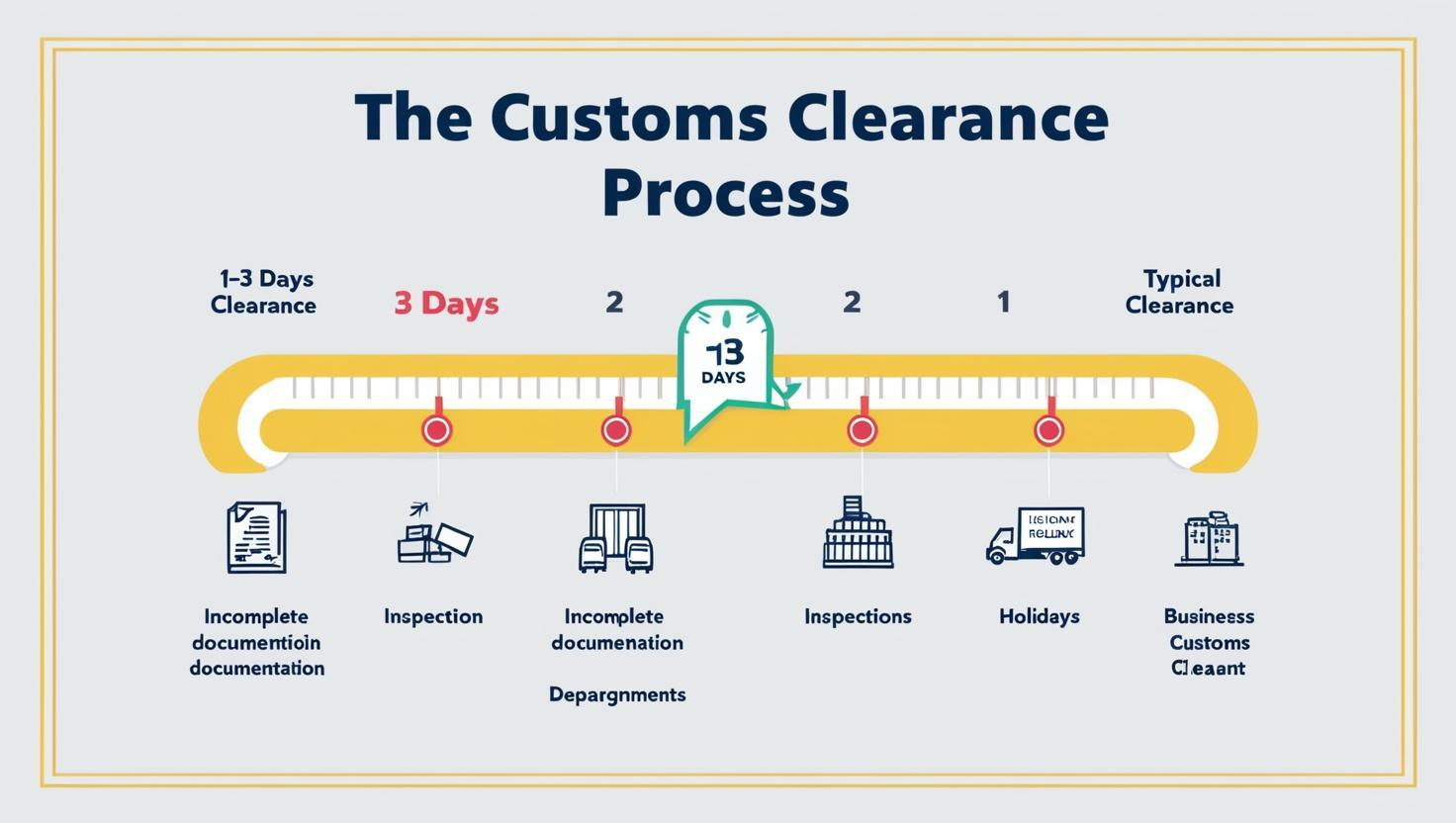 Infographic showing customs clearance process and delays from inspection, holidays, and documentation.