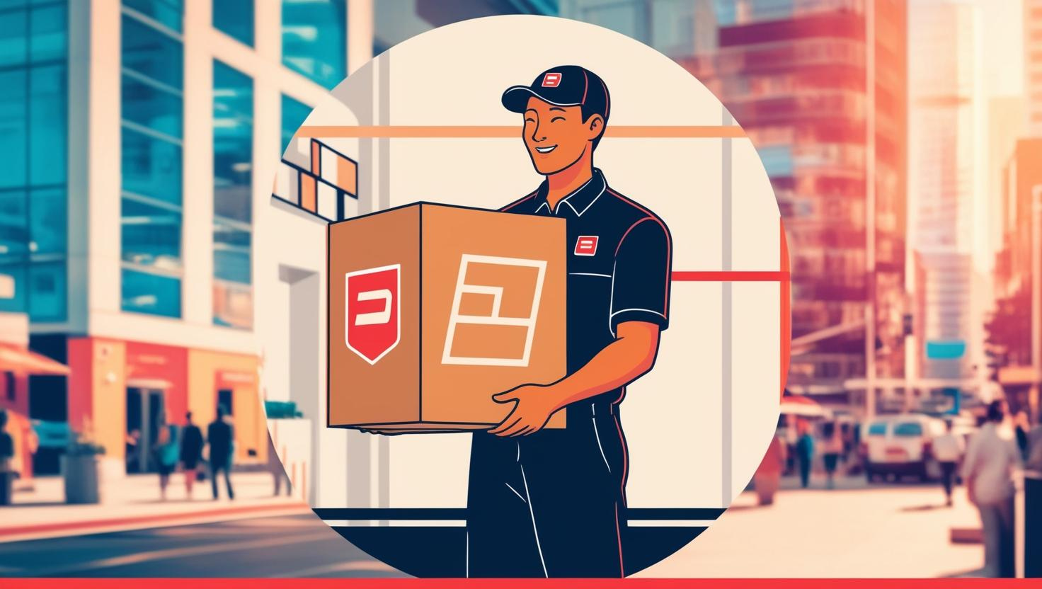Smiling delivery worker holding a package in an urban city street background.