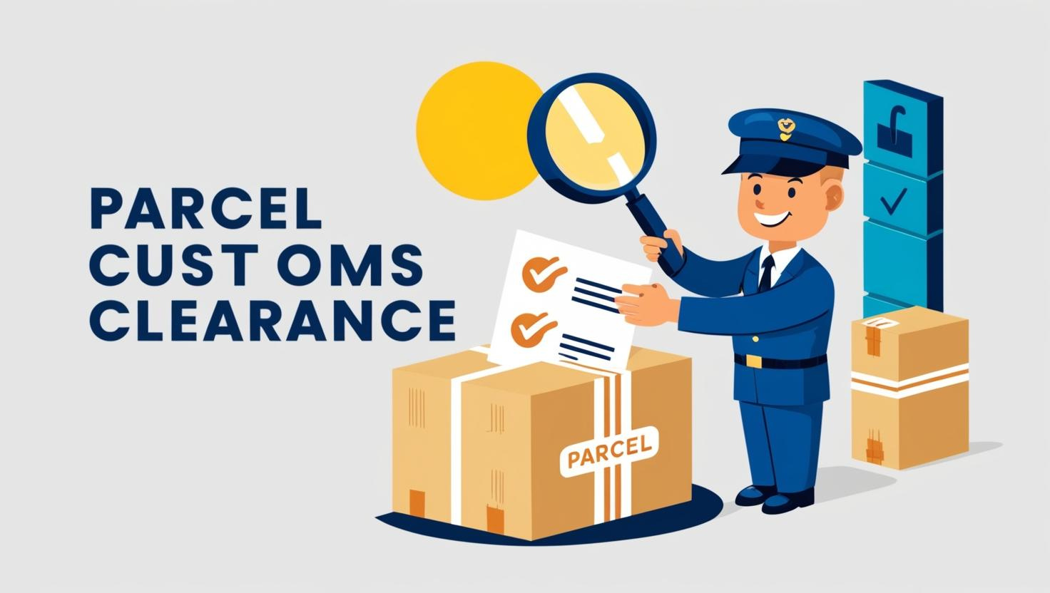 Cartoon customs officer checking parcel documents for customs clearance approval.