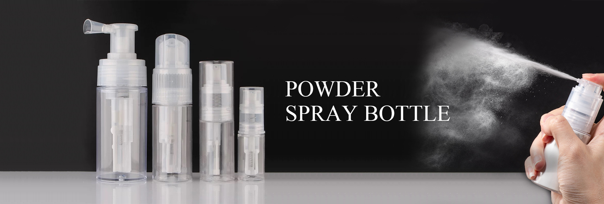 Transparent plastic powder spray bottles in various sizes with hand spraying powder.