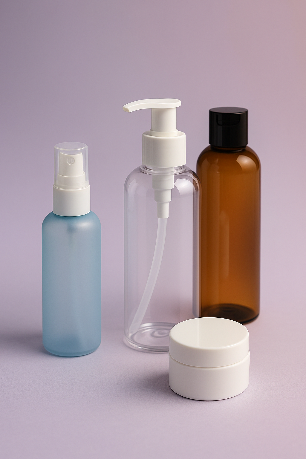 Cosmetic plastic bottles in a modern display set