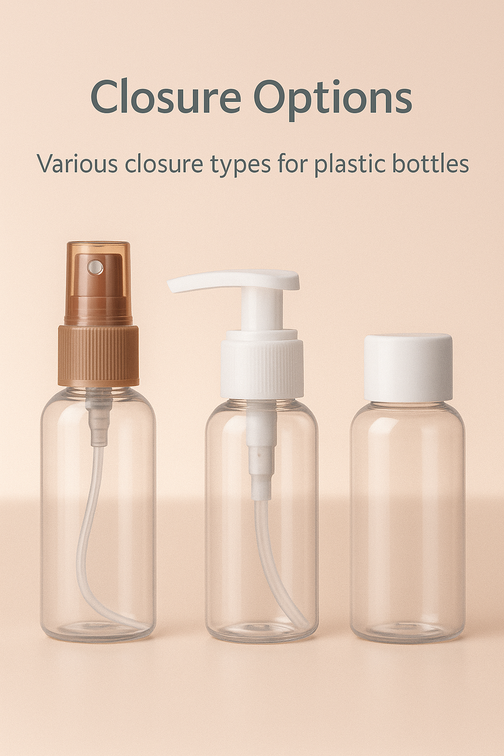Mist sprayer, lotion pump, and flip cap closure types