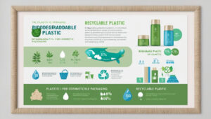 Infographic comparing biodegradable and recyclable plastics in cosmetic packaging.