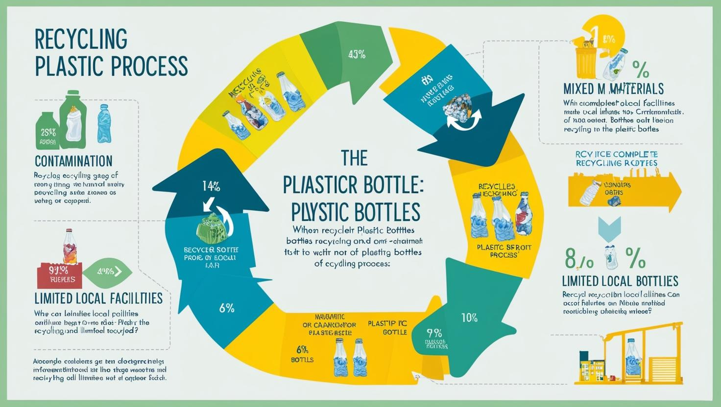 Infographic showing plastic bottle recycling steps, challenges, and contamination issues.