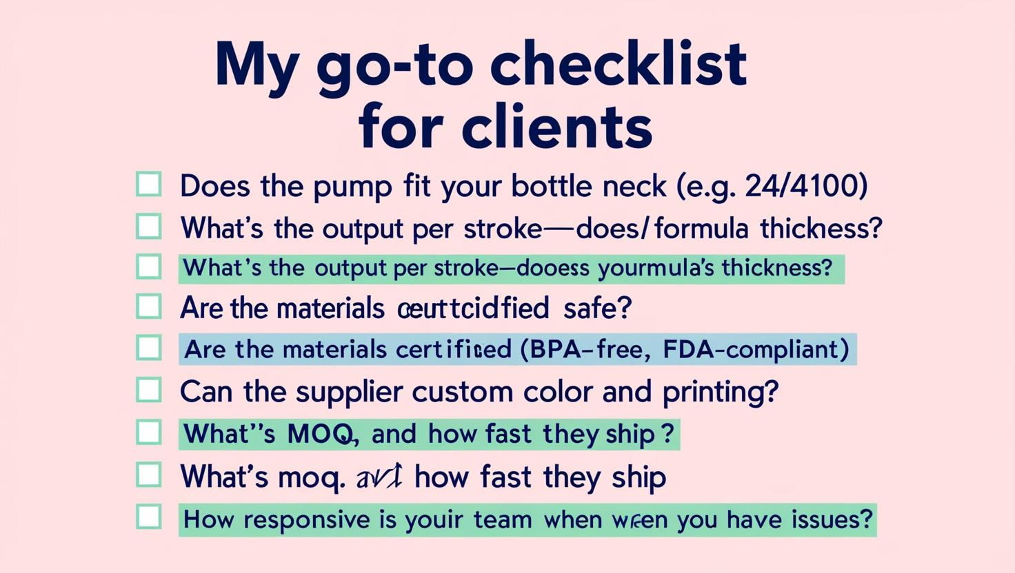 Client checklist with questions about pump fit, output, materials, MOQ, shipping, and responsiveness.