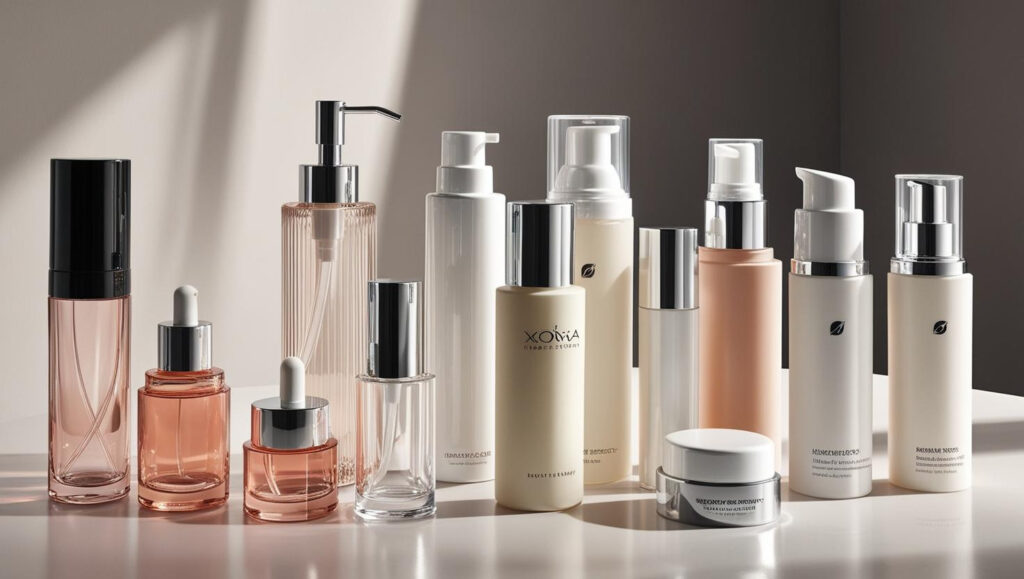 Assorted skincare products including pumps, droppers, and jars in minimal packaging.