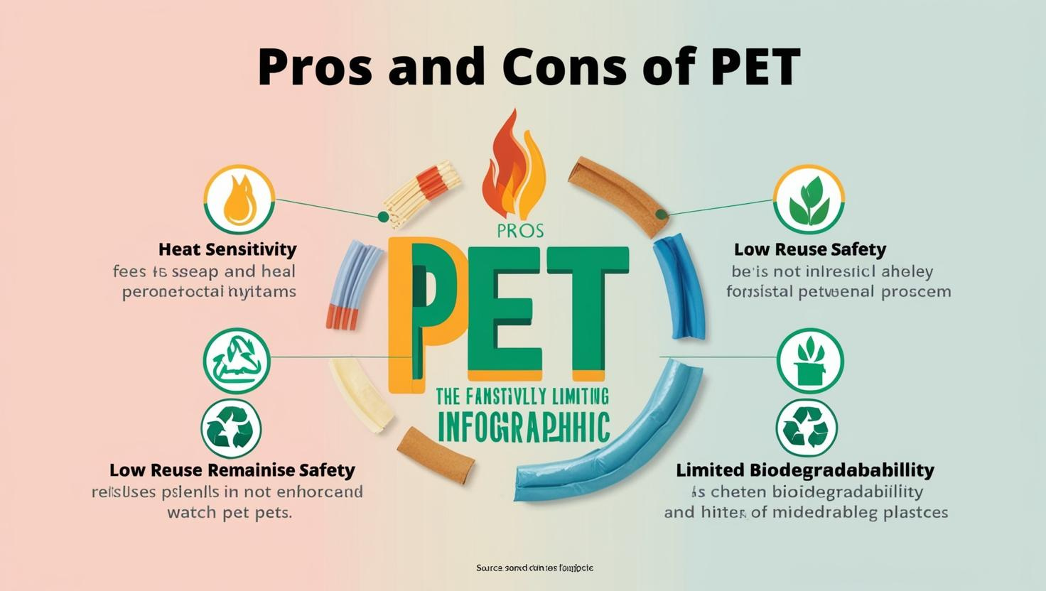 Infographic showing pros and cons of PET plastic like heat sensitivity and low reuse safety.