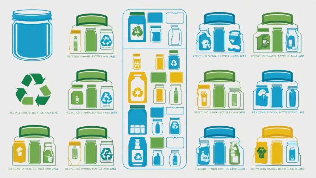 Illustration of recyclable jars and bottles with recycling symbols in various colors and shapes.