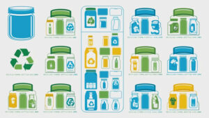 Illustration of recyclable jars and bottles with recycling symbols in various colors and shapes.