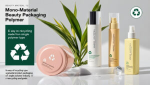 Sustainable cosmetic bottles with mono-material polymer design and recycling symbols.