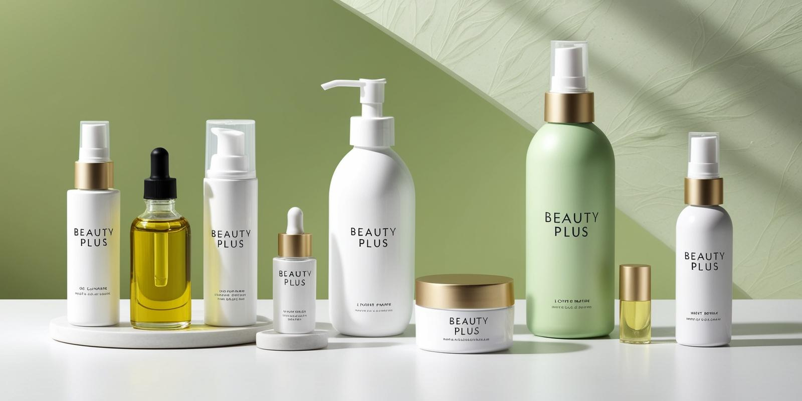Skincare product lineup with Beauty Plus branding in white and green bottles.
