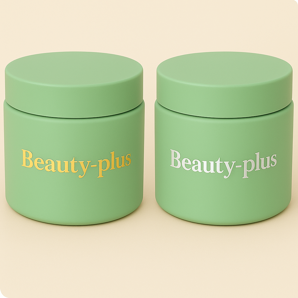 a display of skincare bottles with different colors, finishes, and printing styles