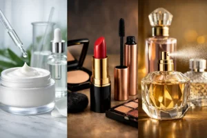 Collage of beauty products featuring skincare cream, makeup items like lipstick and mascara, and elegant perfume bottles.