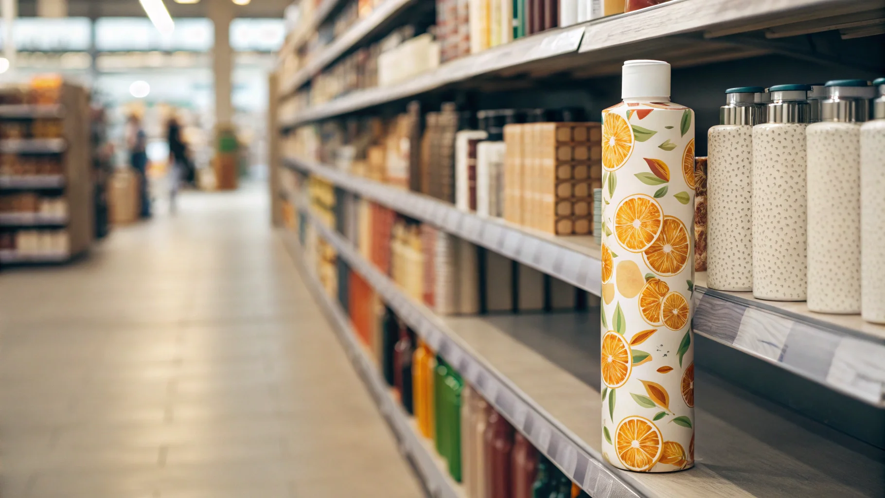 A water bottle with orange fruit design on a store shelf next to other plain bottles in a supermarket.