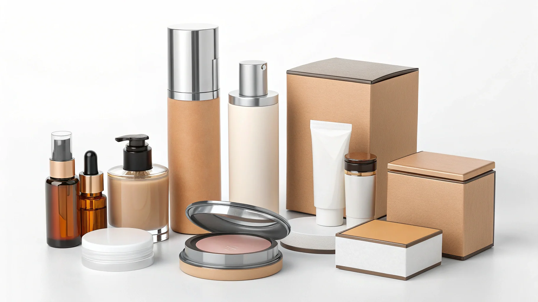Different types of cosmetic packaging like jars, bottles, and tubes