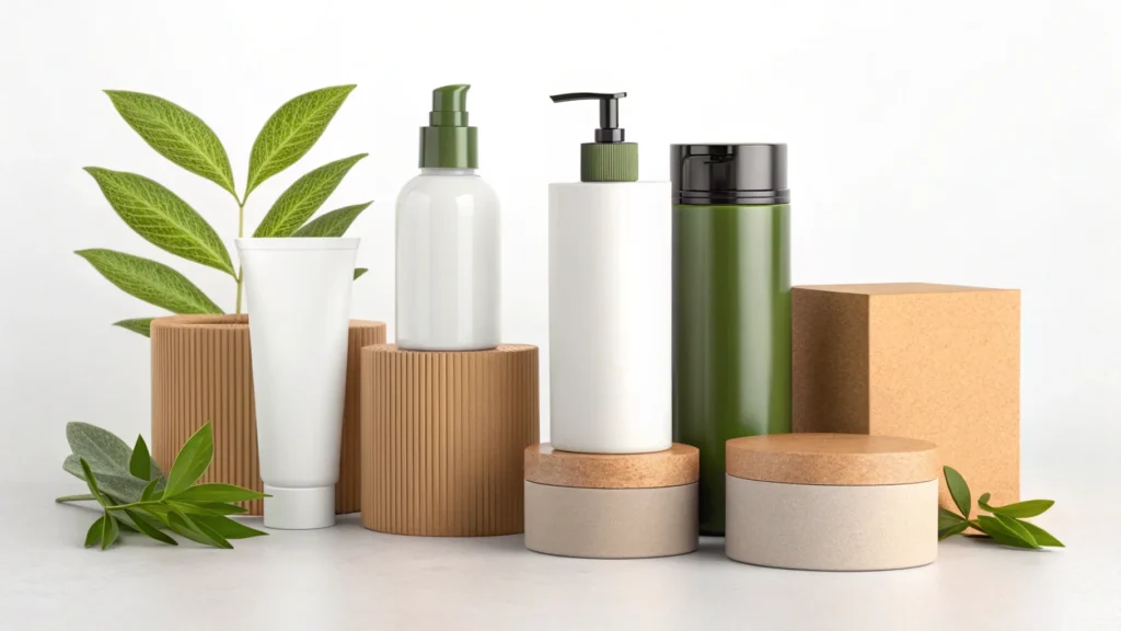 Collection of eco-friendly skincare products in various containers, surrounded by green leaves, highlighting sustainable packaging.