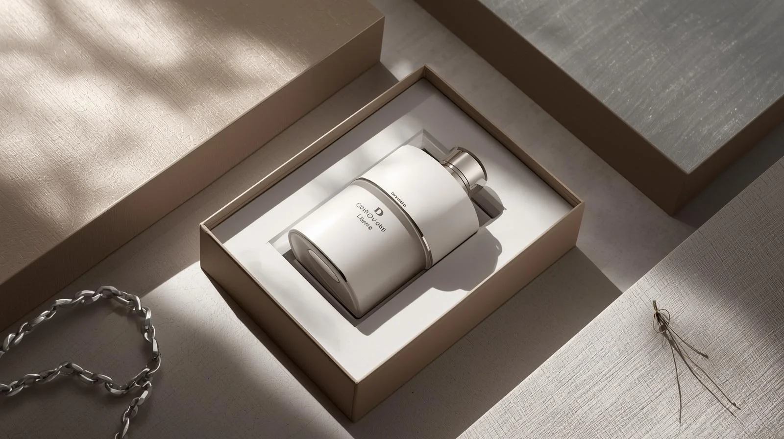 A luxury perfume bottle placed in a cream-colored box with textured packaging, alongside a silver chain and decorative leaf.