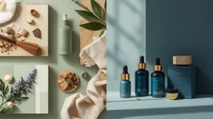 A collection of luxury skincare products displayed with natural elements like leaves, a small broom, and decorative items on a green surface.