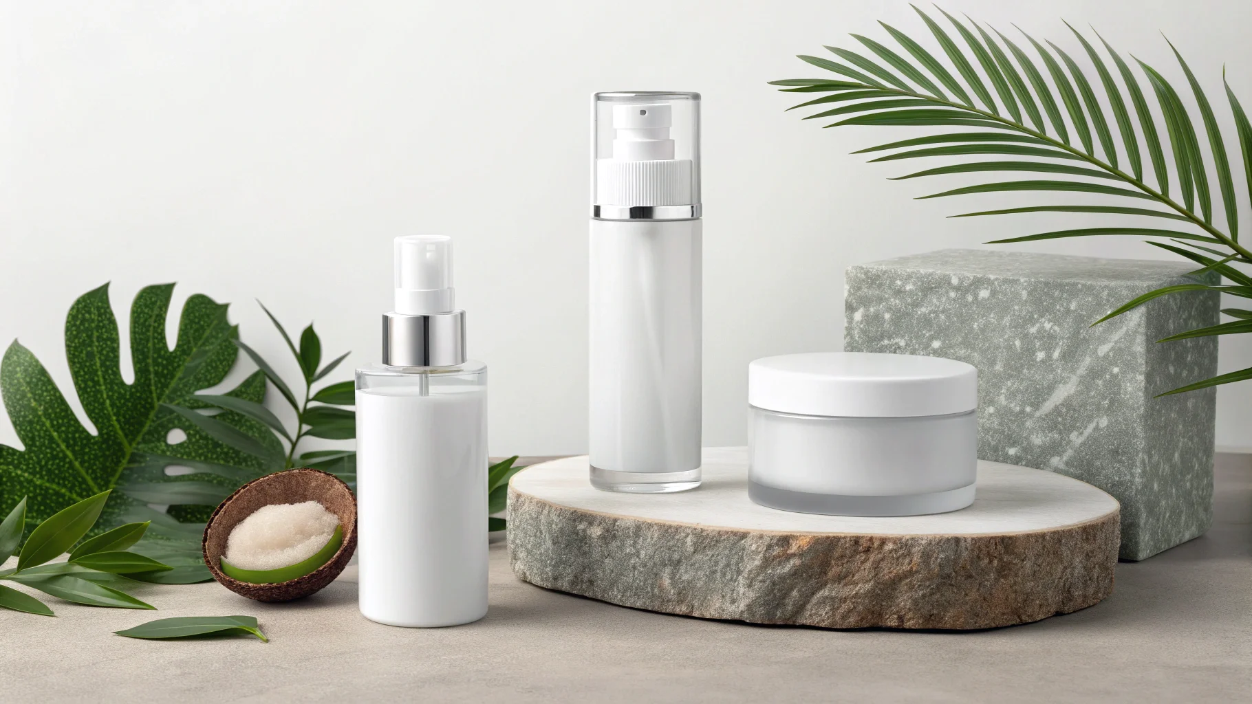 Skincare Branding Trends A collage of images representing skincare trends: minimalist packaging, refill pouches, bold fonts, and ingredient close-ups