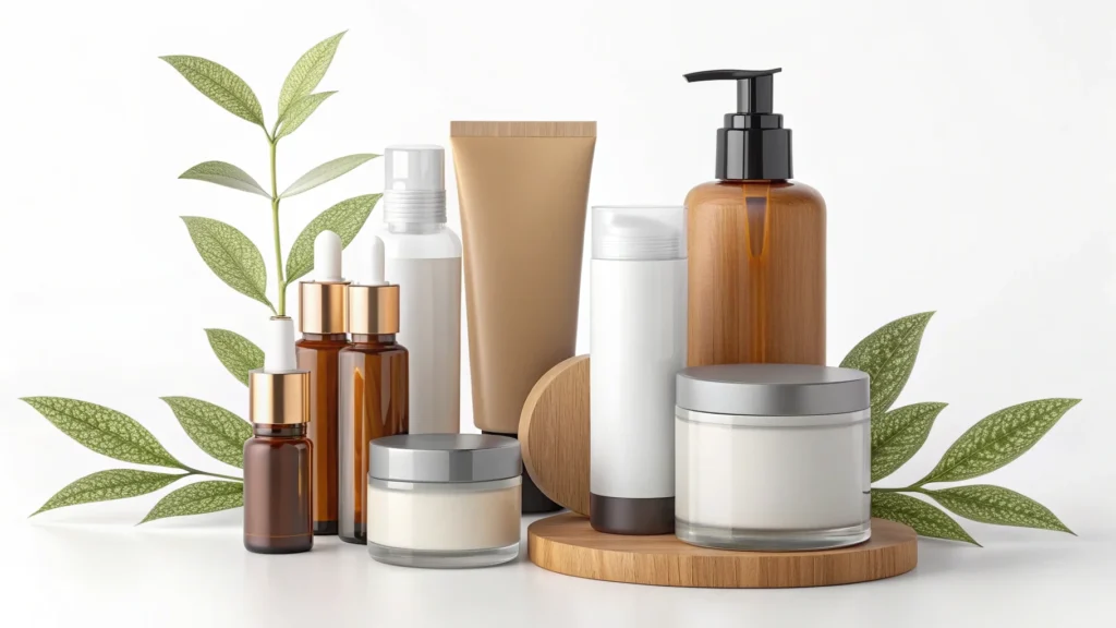 Various skincare products in brown and white containers, surrounded by green leaves, arranged on a wooden surface.