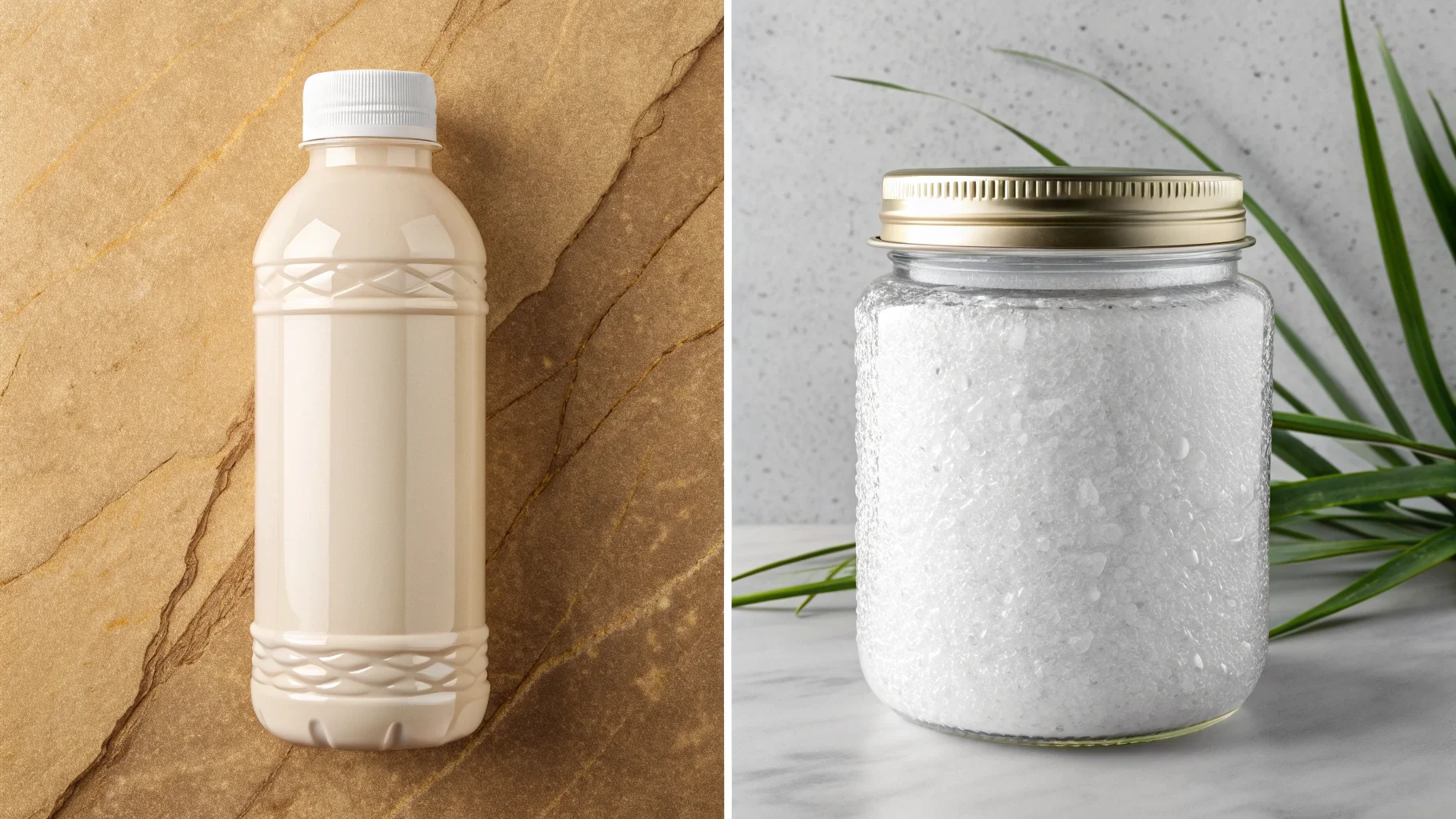 a hand holding a cosmetic bottle with a soft-touch matte texture