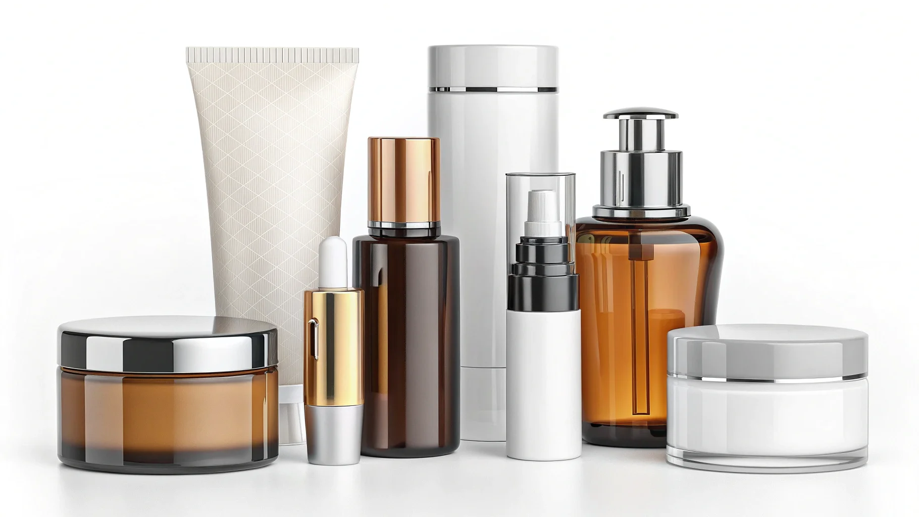 a variety of cosmetic packaging types on a clean background