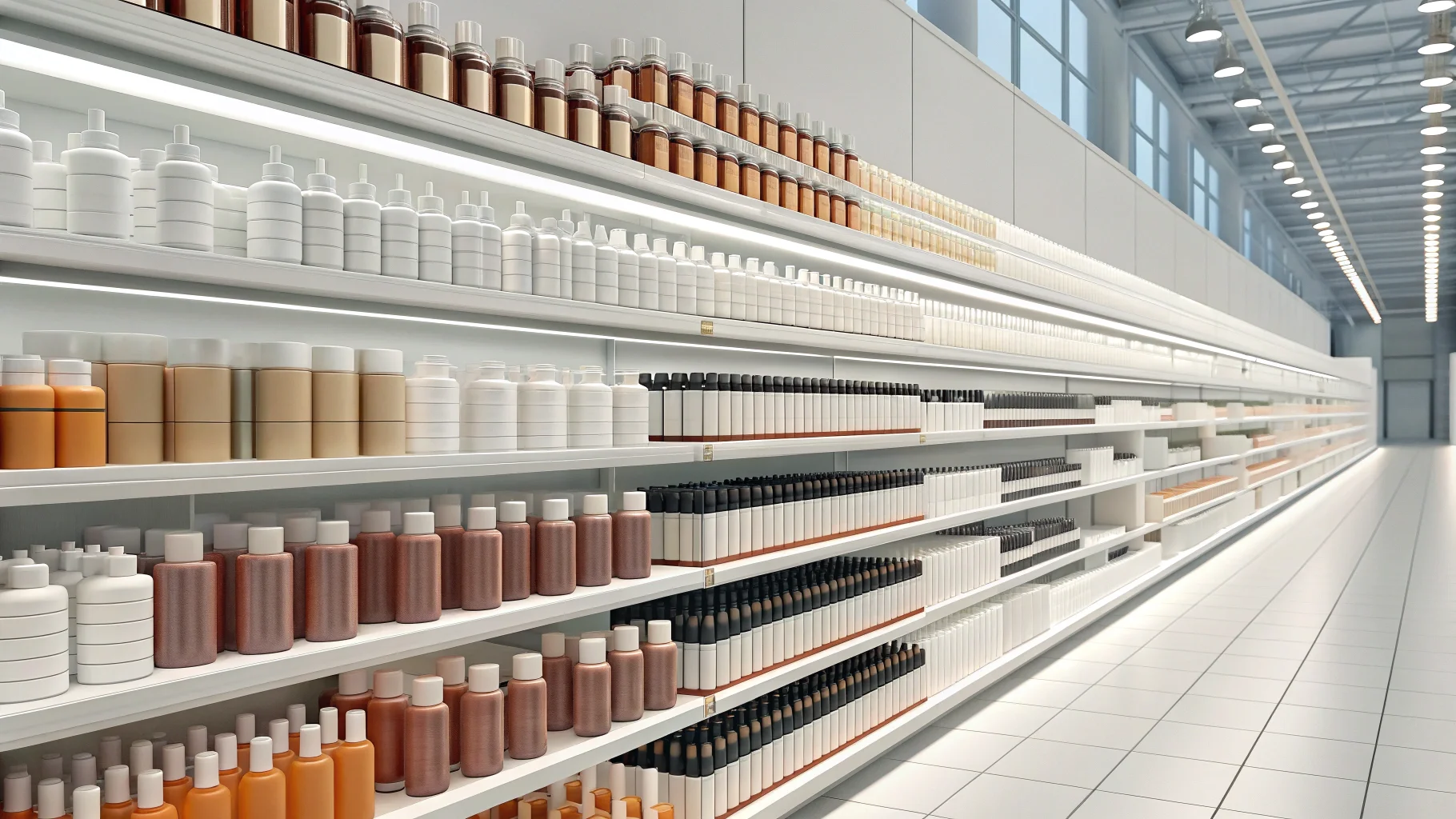 Skincare Branding Differentiator A customer choosing a skincare product from a crowded shelf, focusing on one with distinct branding