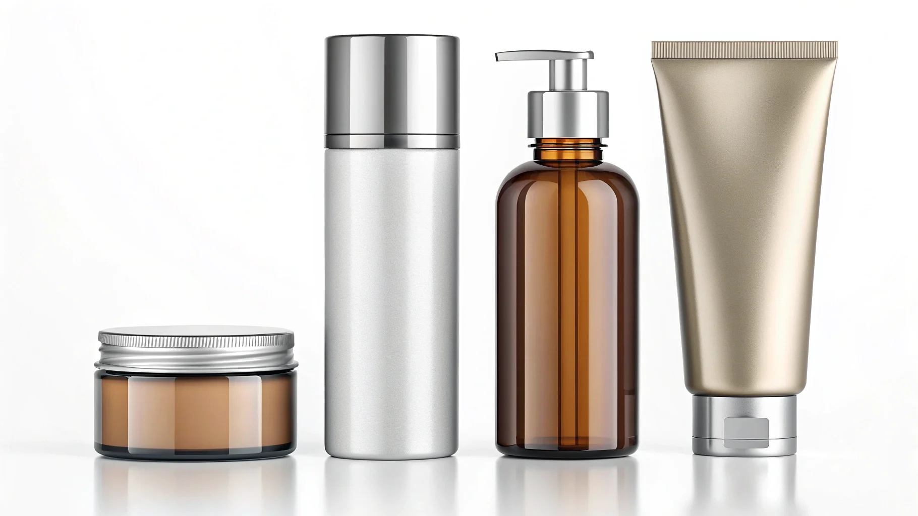 samples of cosmetic packaging in glass, plastic, and aluminum