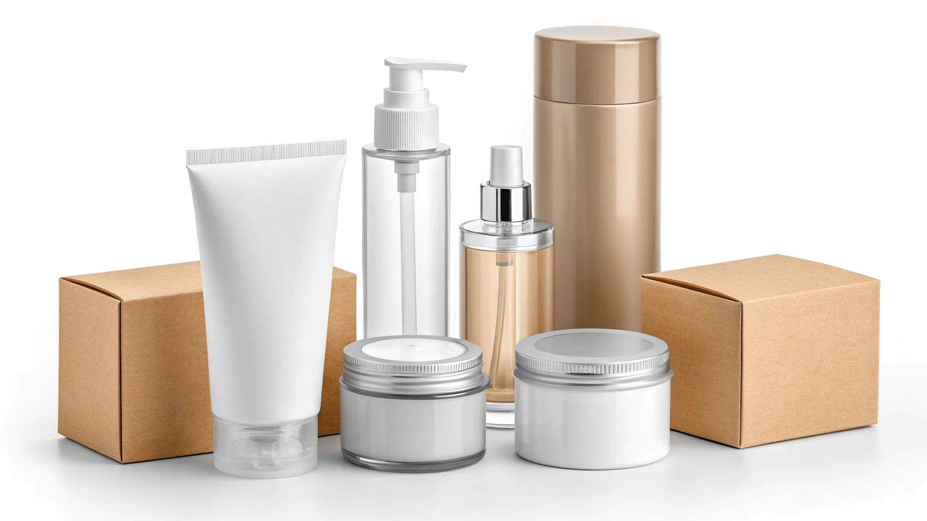 Samples of packaging materials like glass, plastic, and aluminum