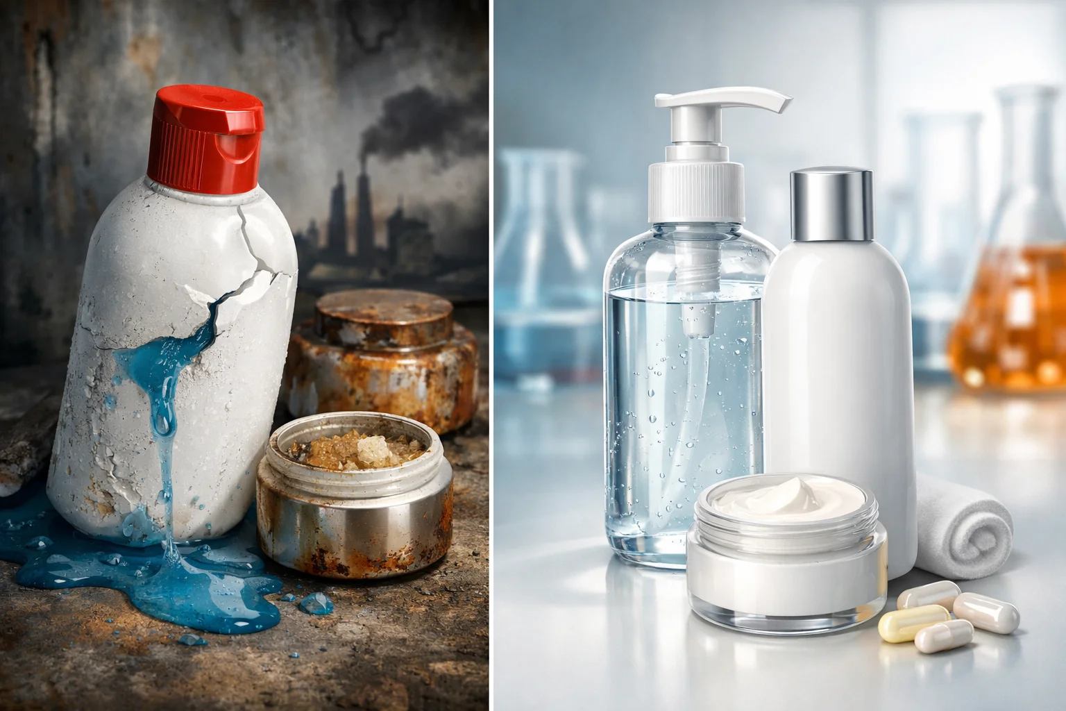 Plastic Cosmetic Packaging Materials A variety of plastic cosmetic containers on a clean background