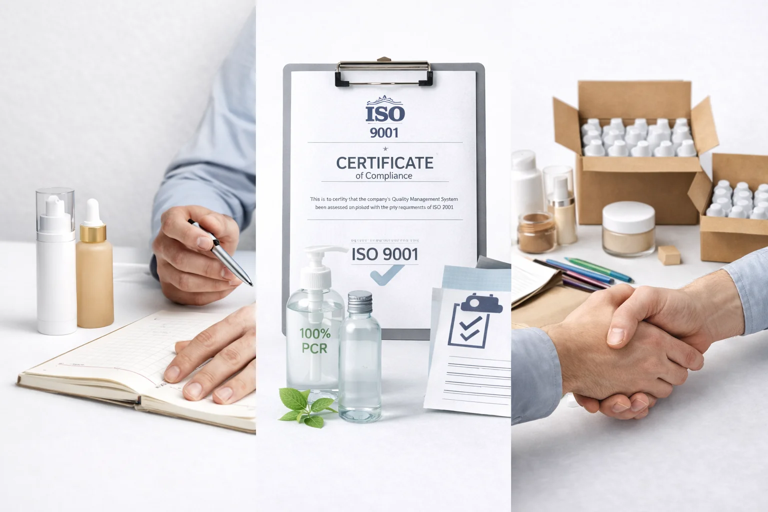 Choosing a Cosmetic Packaging Supplier A person shaking hands with a supplier in a factory setting