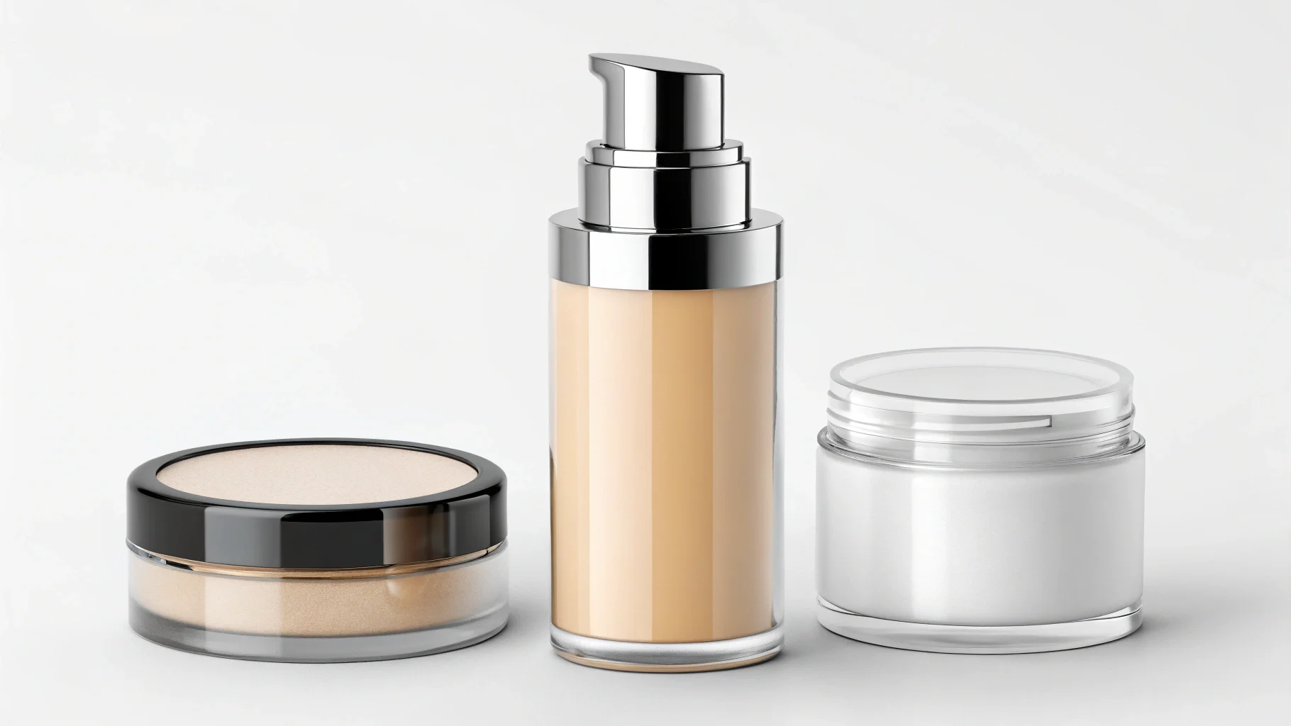 Different types of cosmetic products next to their ideal packaging: a serum with a dropper, a cream in a jar, and a powder in a compact