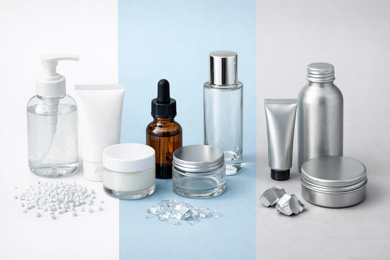 Cosmetic Packaging Materials Samples of plastic, glass, and aluminum packaging materials